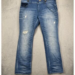 PRPS Demon Bruised Never Broken Jeans Straight Men 42 Blue Distressed Button Fly